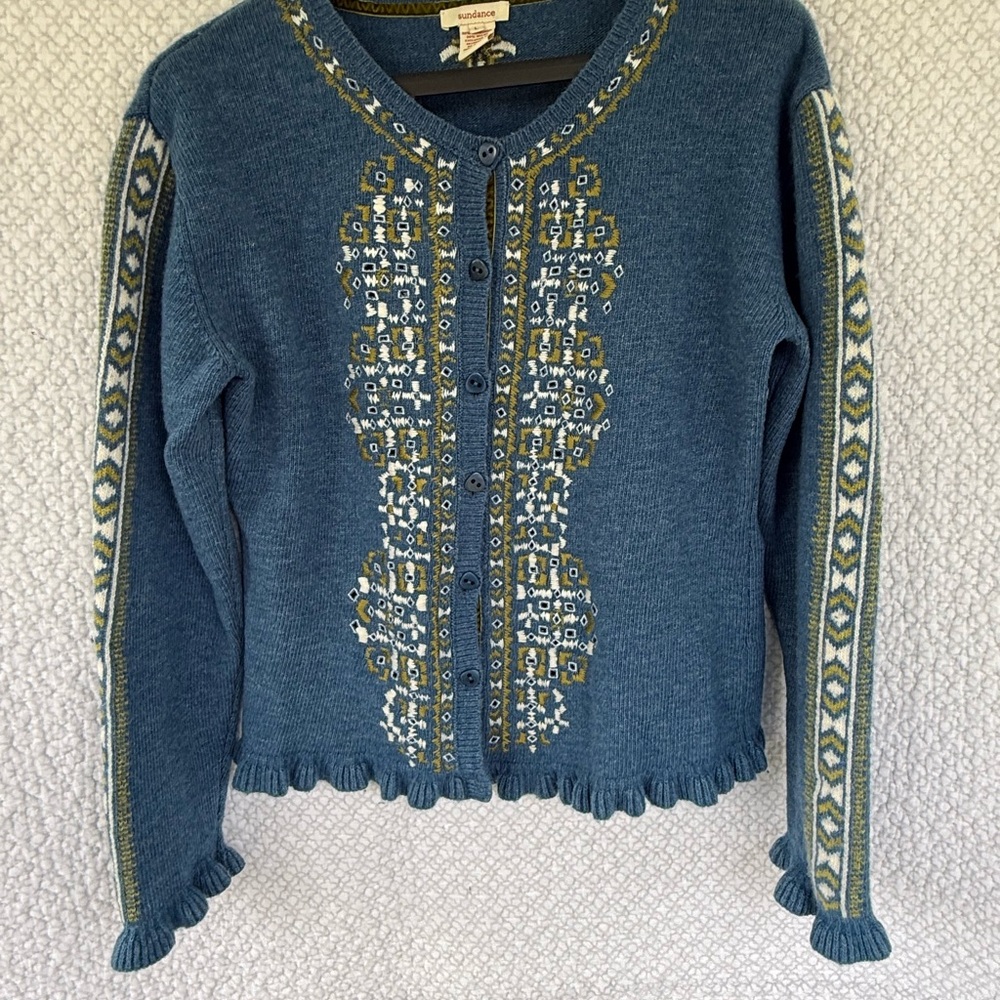 Sundance Lambs Wool Blend Embroidered Blue Floral Cardigan Sz L Ruffles
